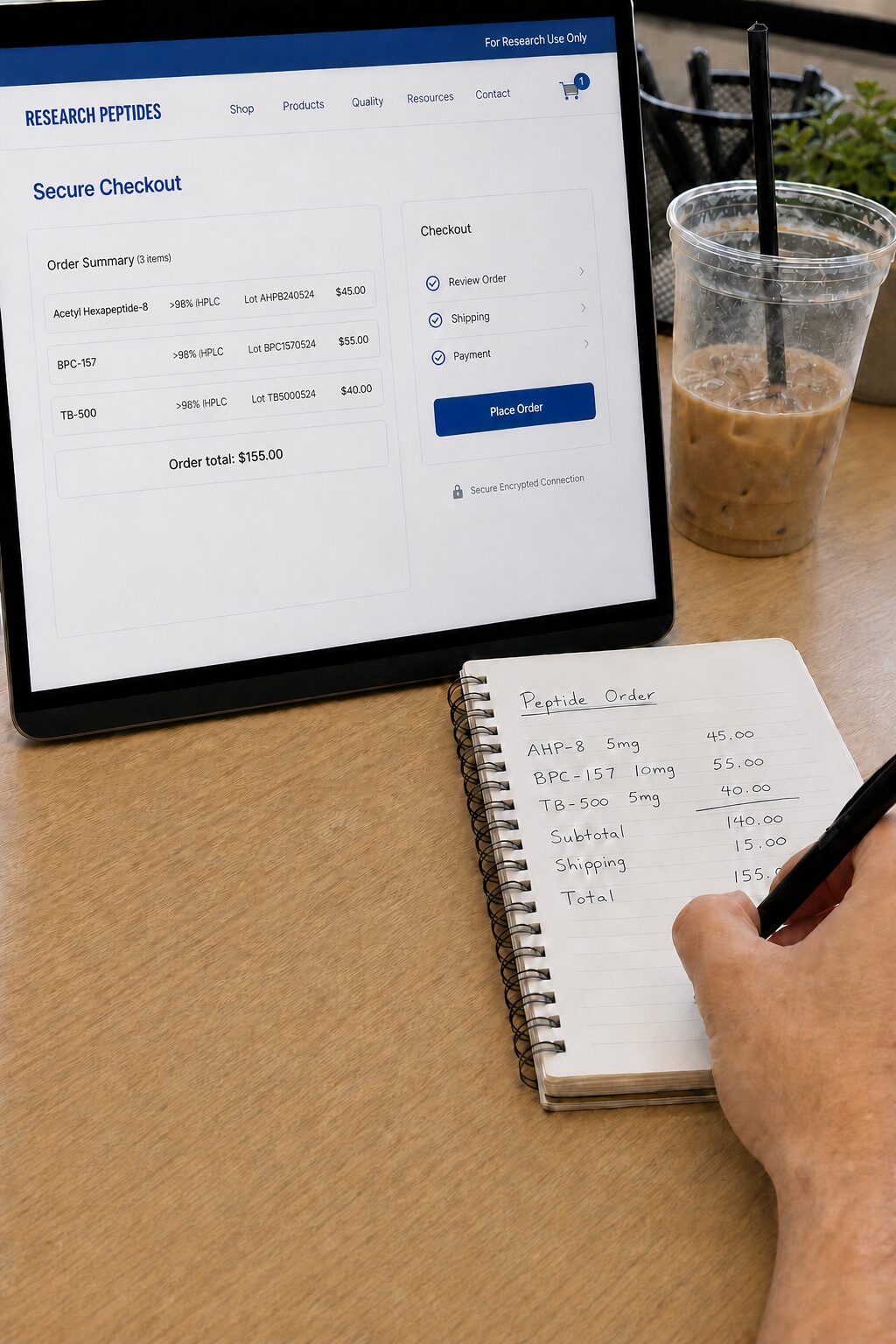 A tablet showing another seller's checkout — three peptides with their lot numbers and prices — beside a notebook where the same prices have been written out by hand and totalled.